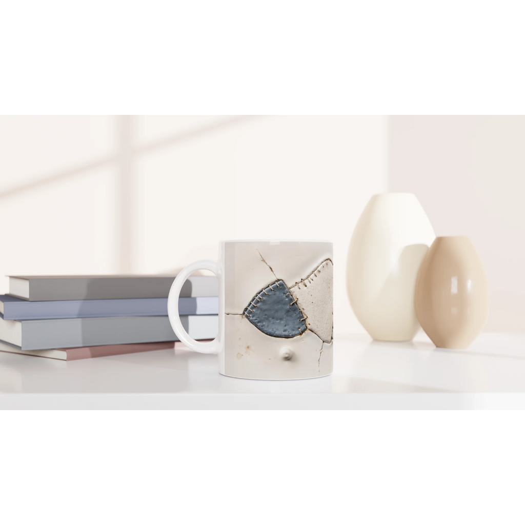 Mug blanc avec motif patch bleu et coutures visibles, effet usé
