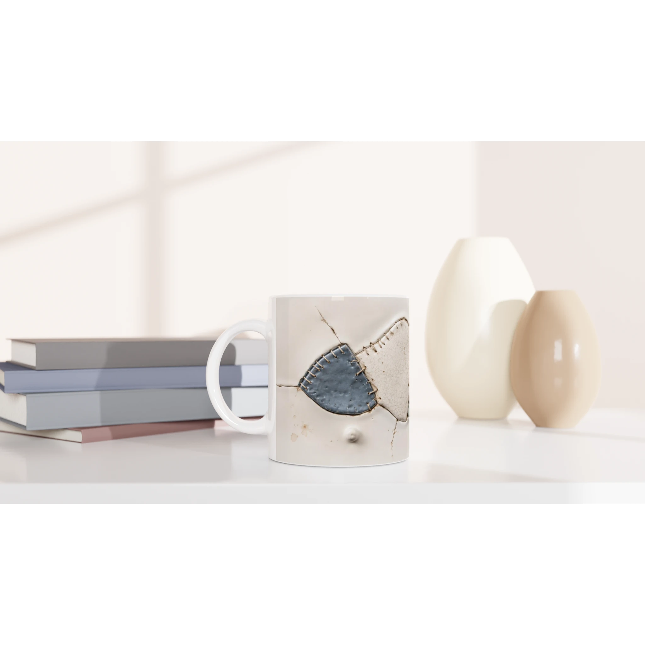 Mug blanc avec motif patch bleu et coutures visibles, effet usé