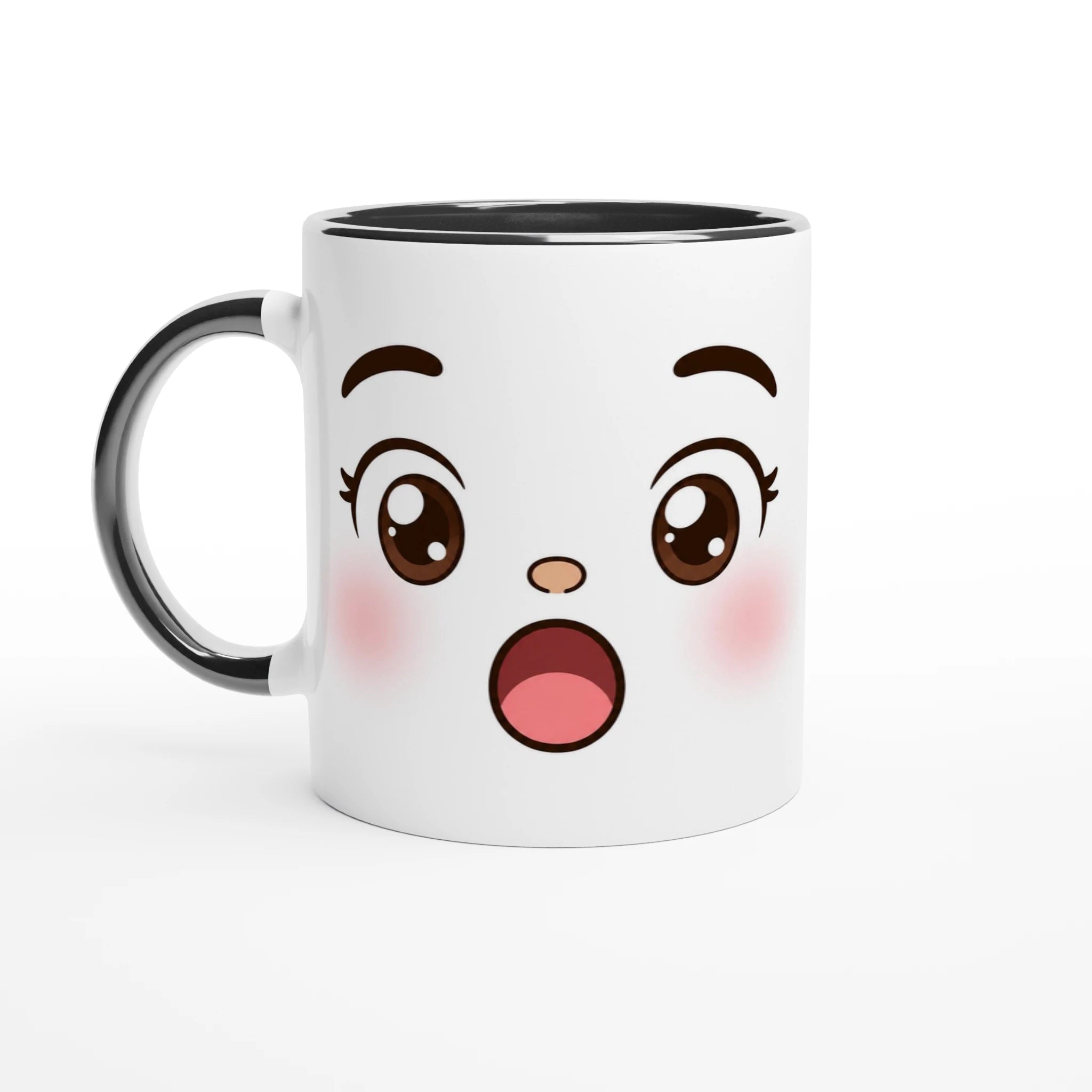 Tasse en céramique blanche au visage kawaii, poignée noire et bords noirs.