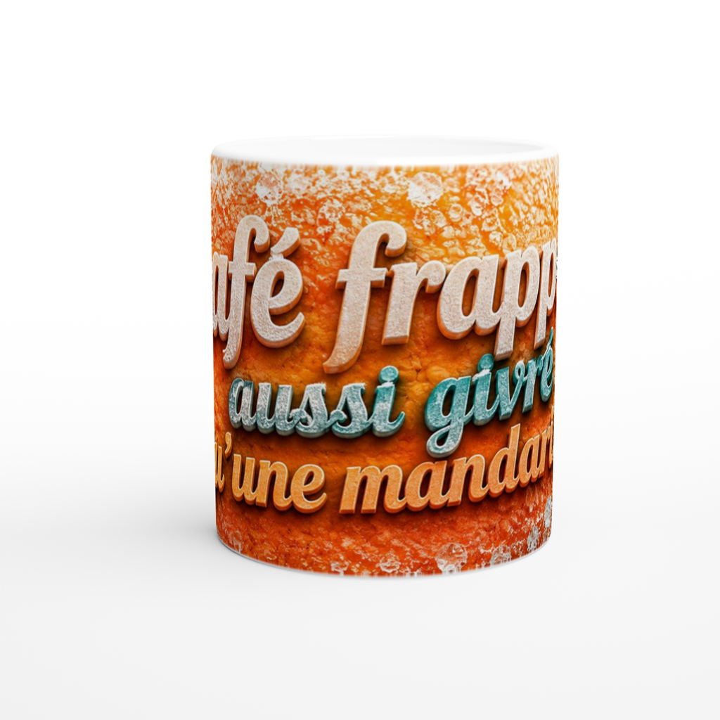 Mug en céramique blanc avec texte « café frappé » sur fond orange texturé.