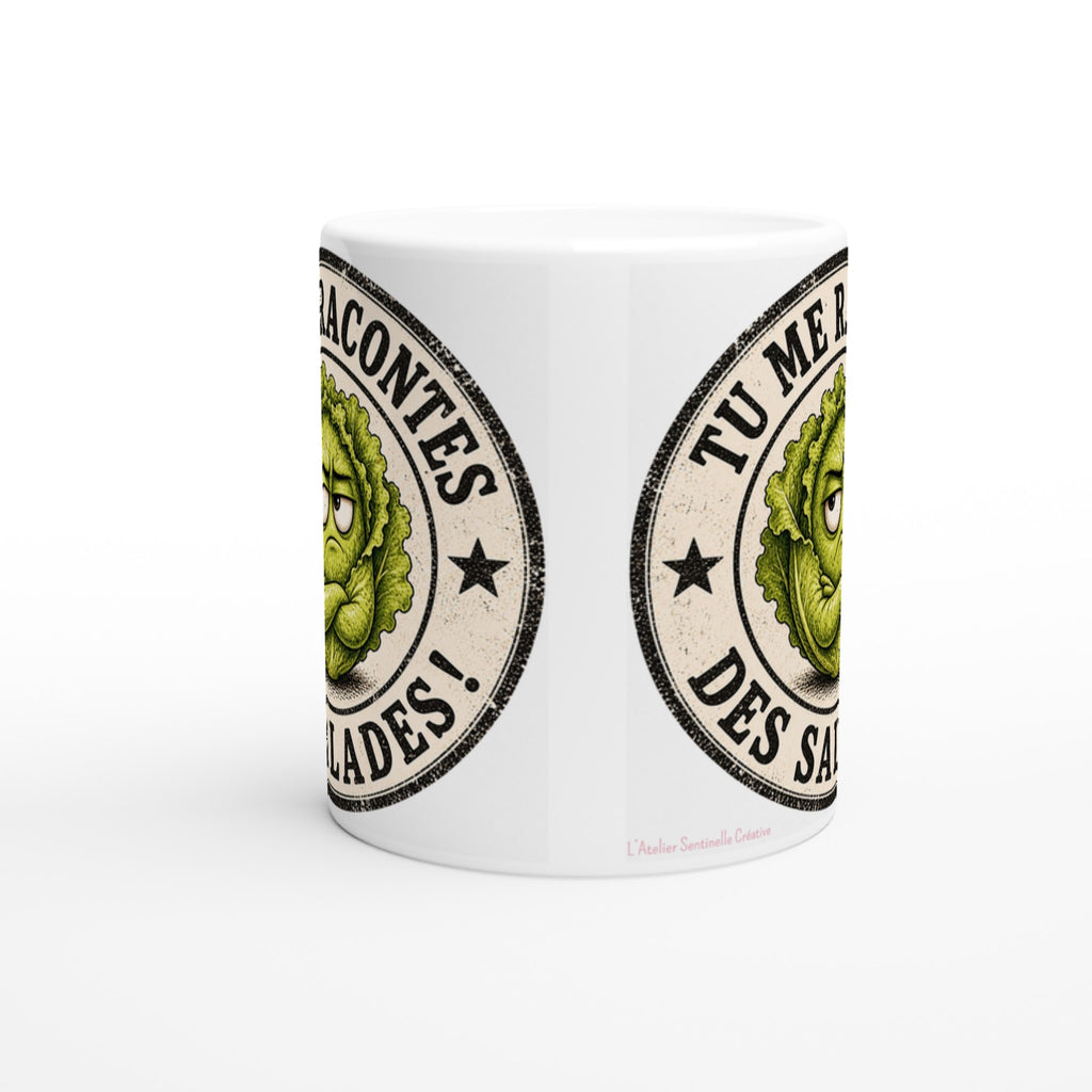Mug blanc en céramique avec motif de salade verte au verso et texte « Des salades »
