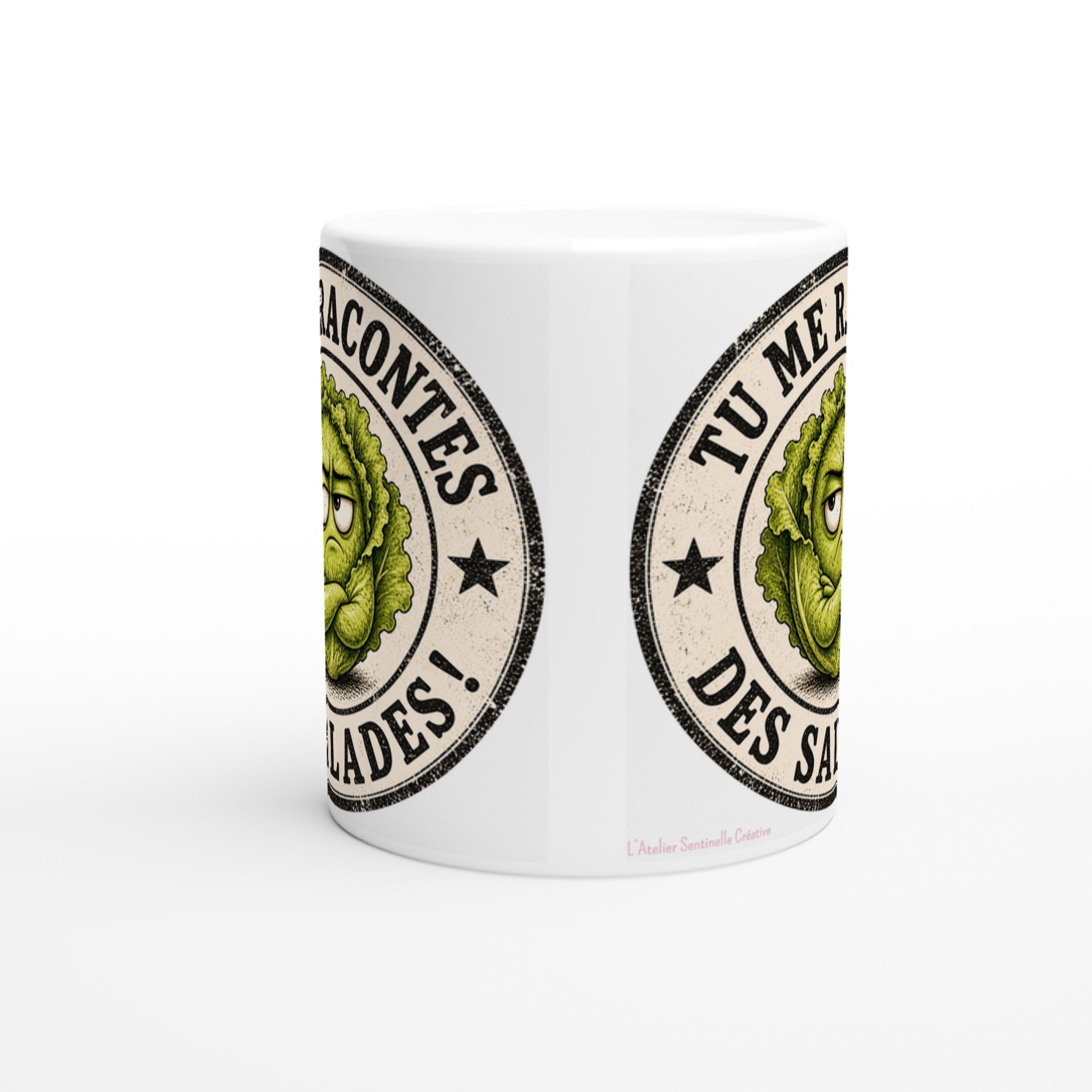 Mug blanc en céramique avec motif de salade verte au verso et texte « Des salades »