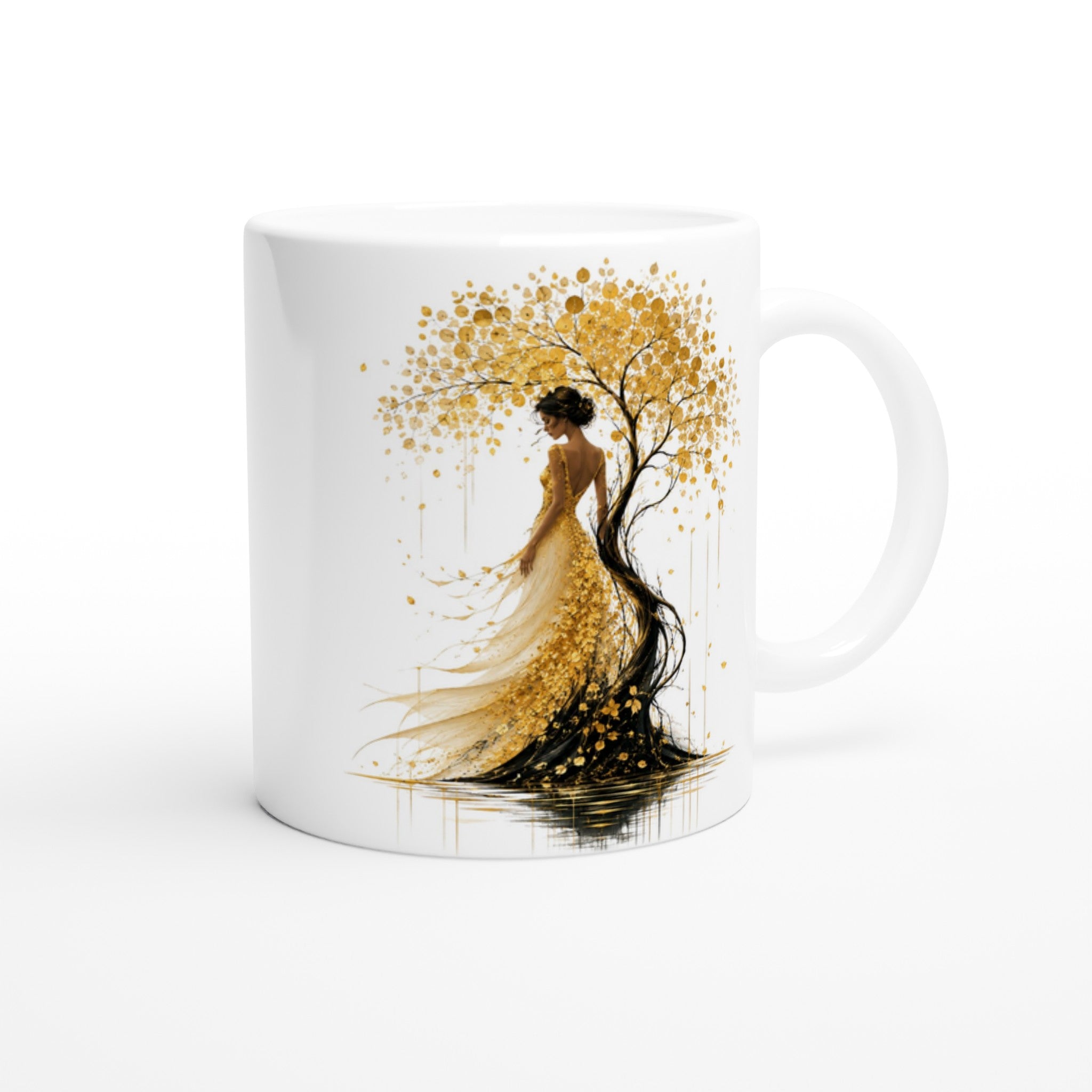Mug blanc avec illustration femme et arbre doré, anse et face visibles