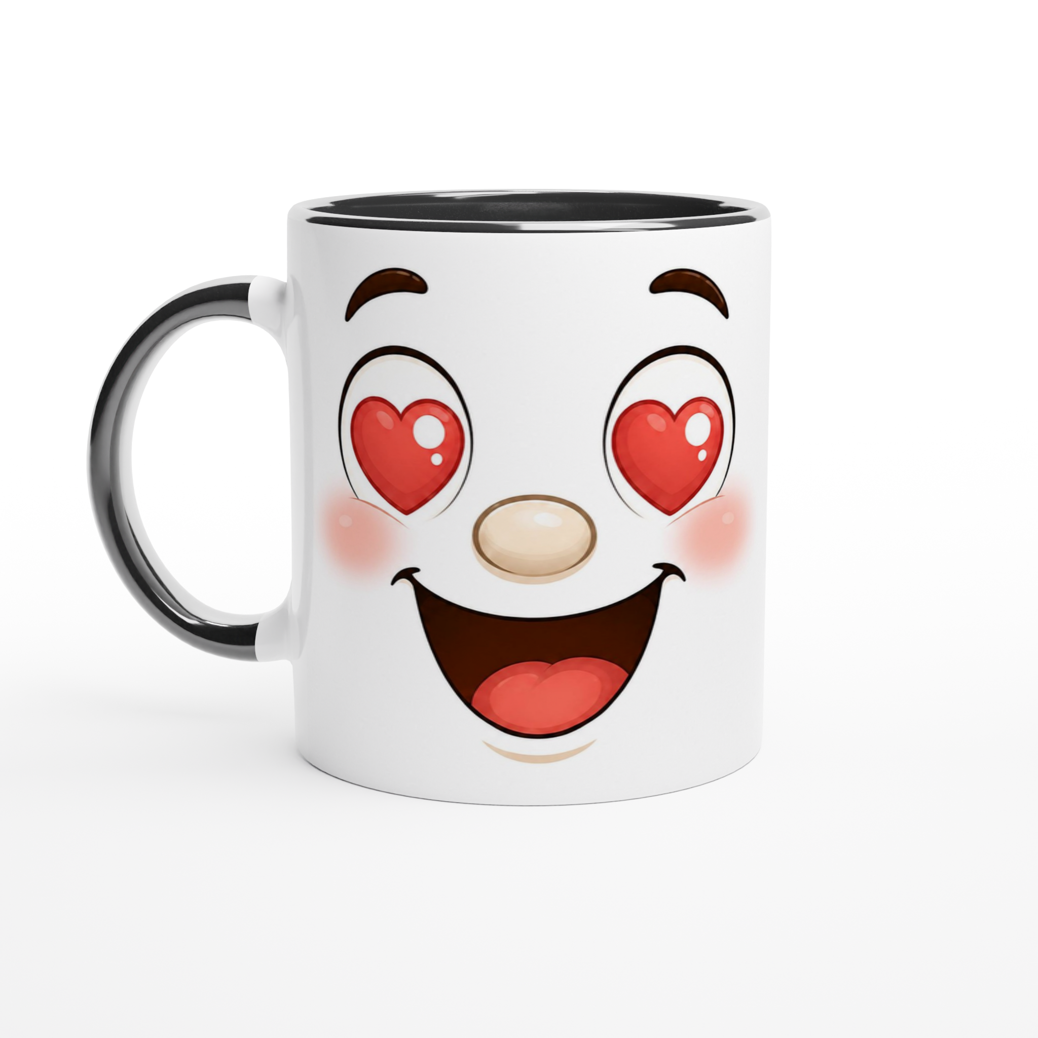 Mug en céramique blanc à bord noir et anse grise, visage kawaii aux yeux en cœur et bouche rouge.