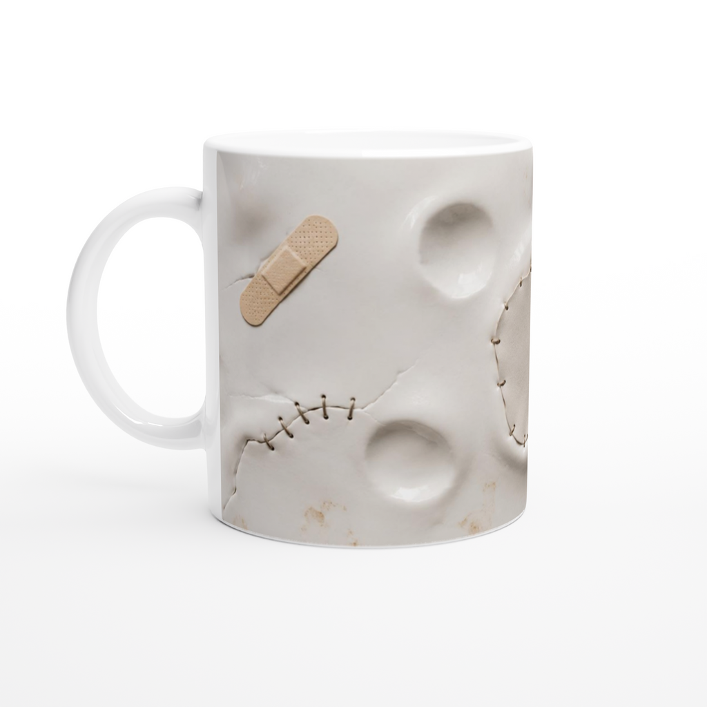 Mug en céramique blanche, coutures en relief et plaque marron sur le devant