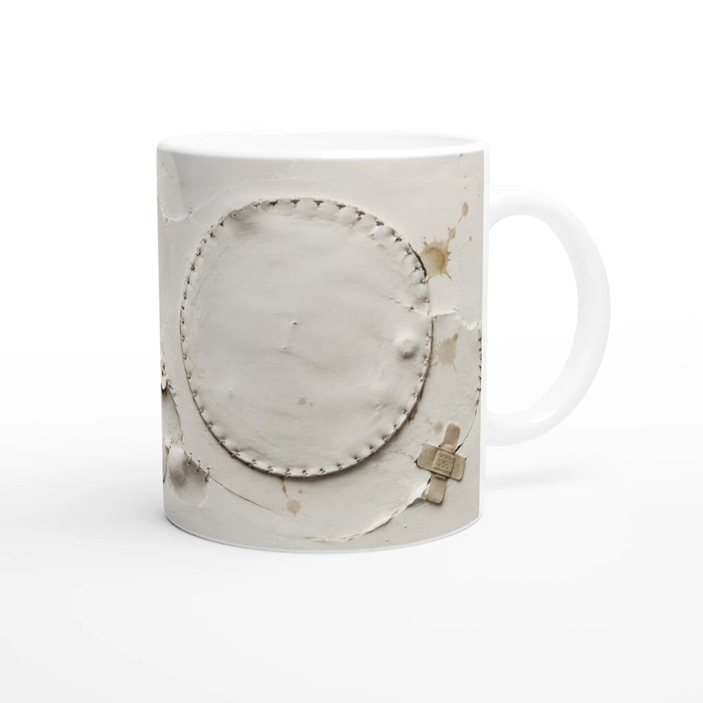 Mug en céramique blanche avec motif trompe-l’œil de sutures et éclats
