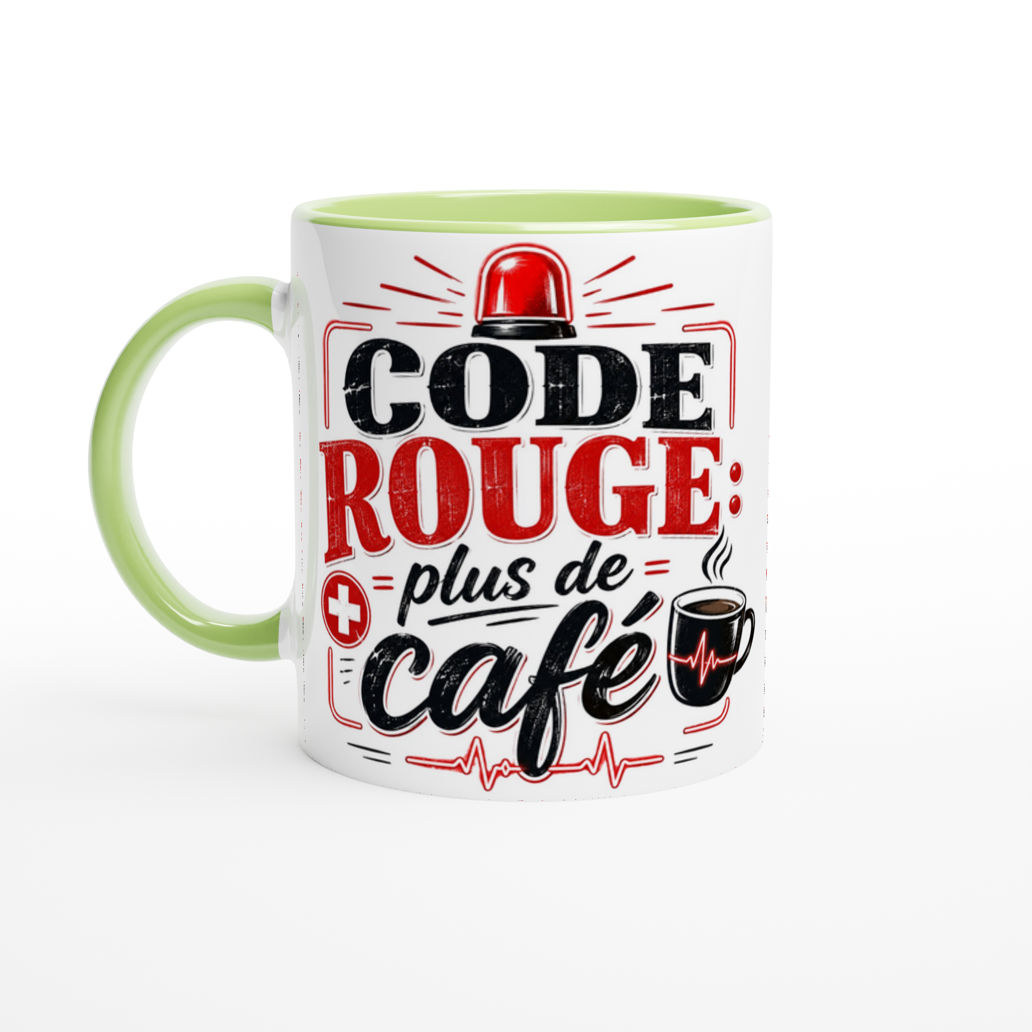 Tasse en céramique blanche, anses et bord verts, motif « Code Rouge plus de café ».
