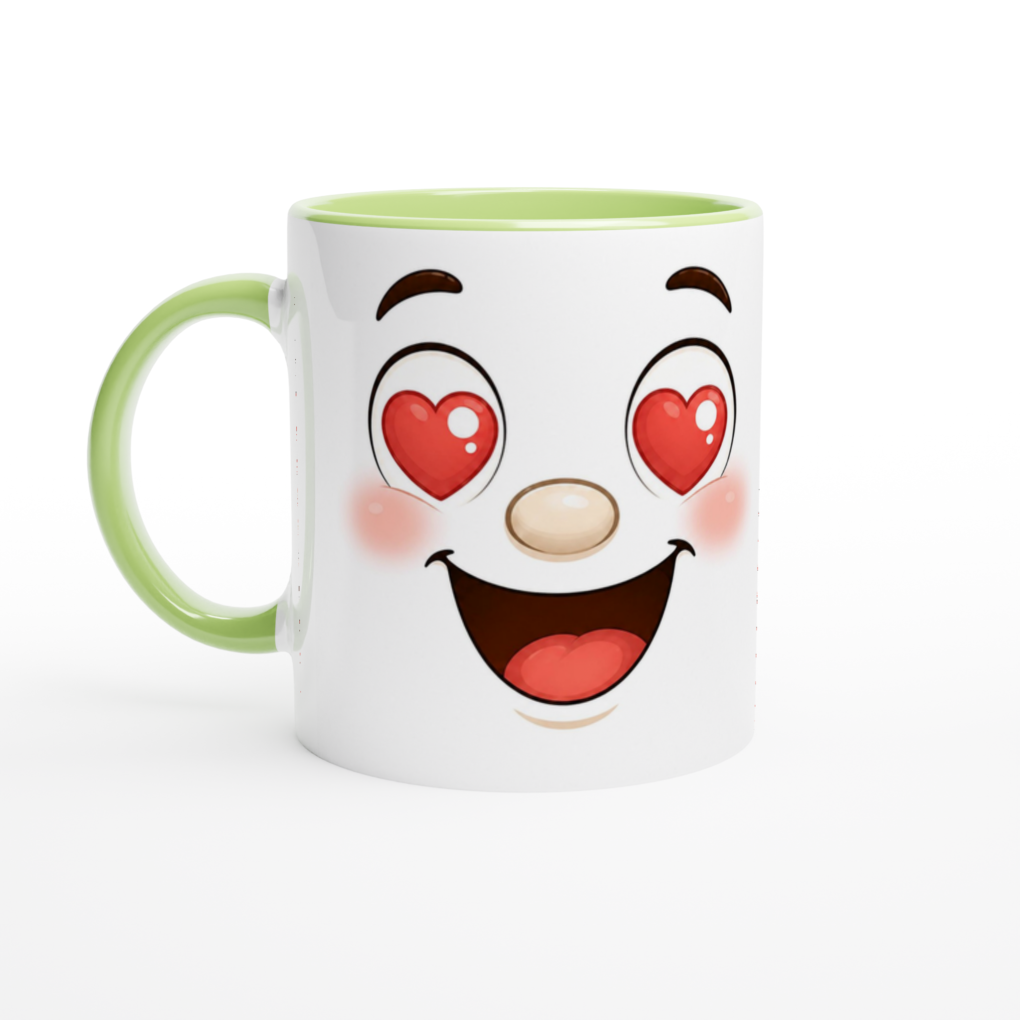 Mug en céramique blanc à anse vert clair et bord vert, visage kawaii souriant aux yeux en cœur.