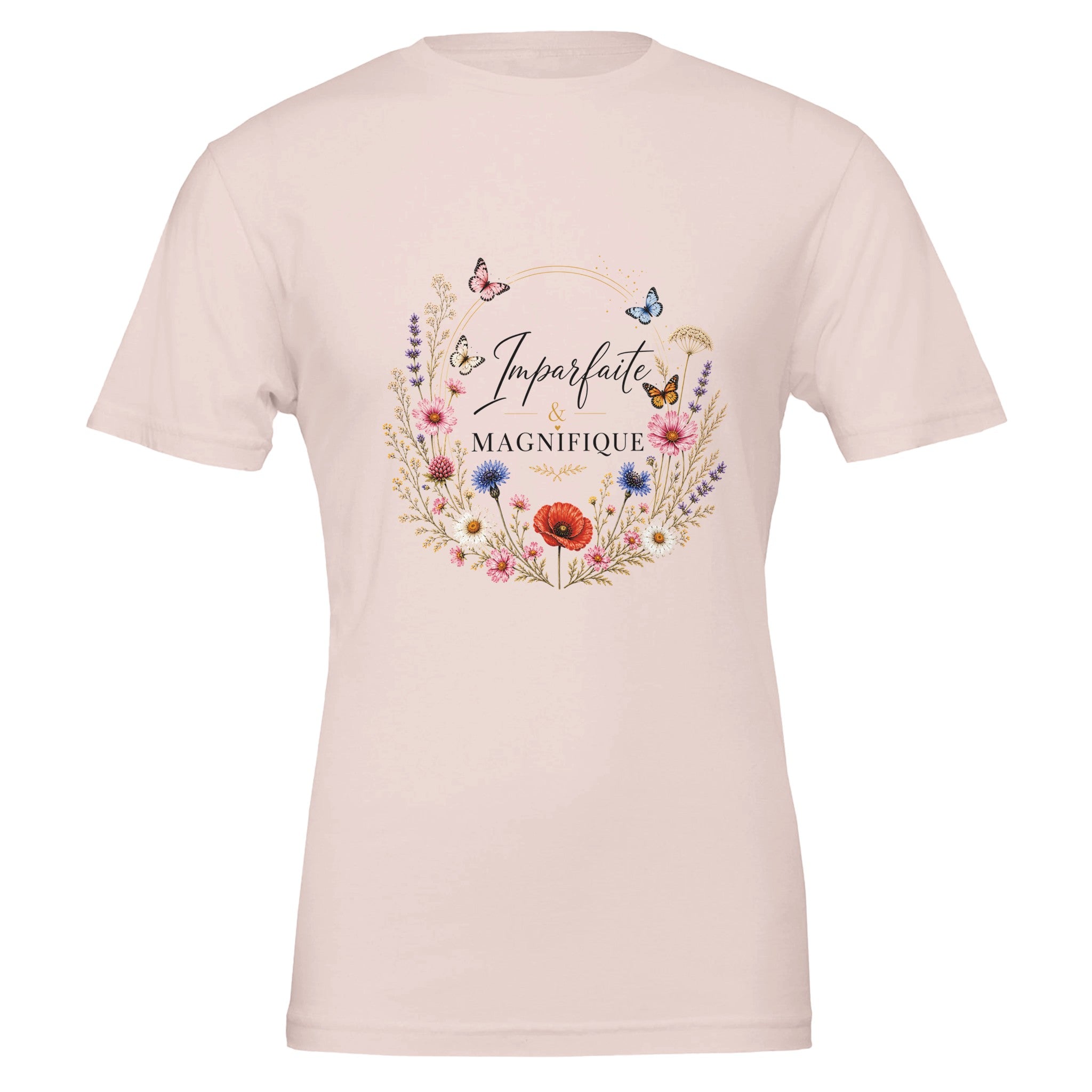 T-shirt femme rose tendre à col rond, imprimé floral en couronne avec papillons.