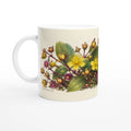 Mug blanc en céramique avec illustration botanique de fleurs et feuilles, motif champêtre
