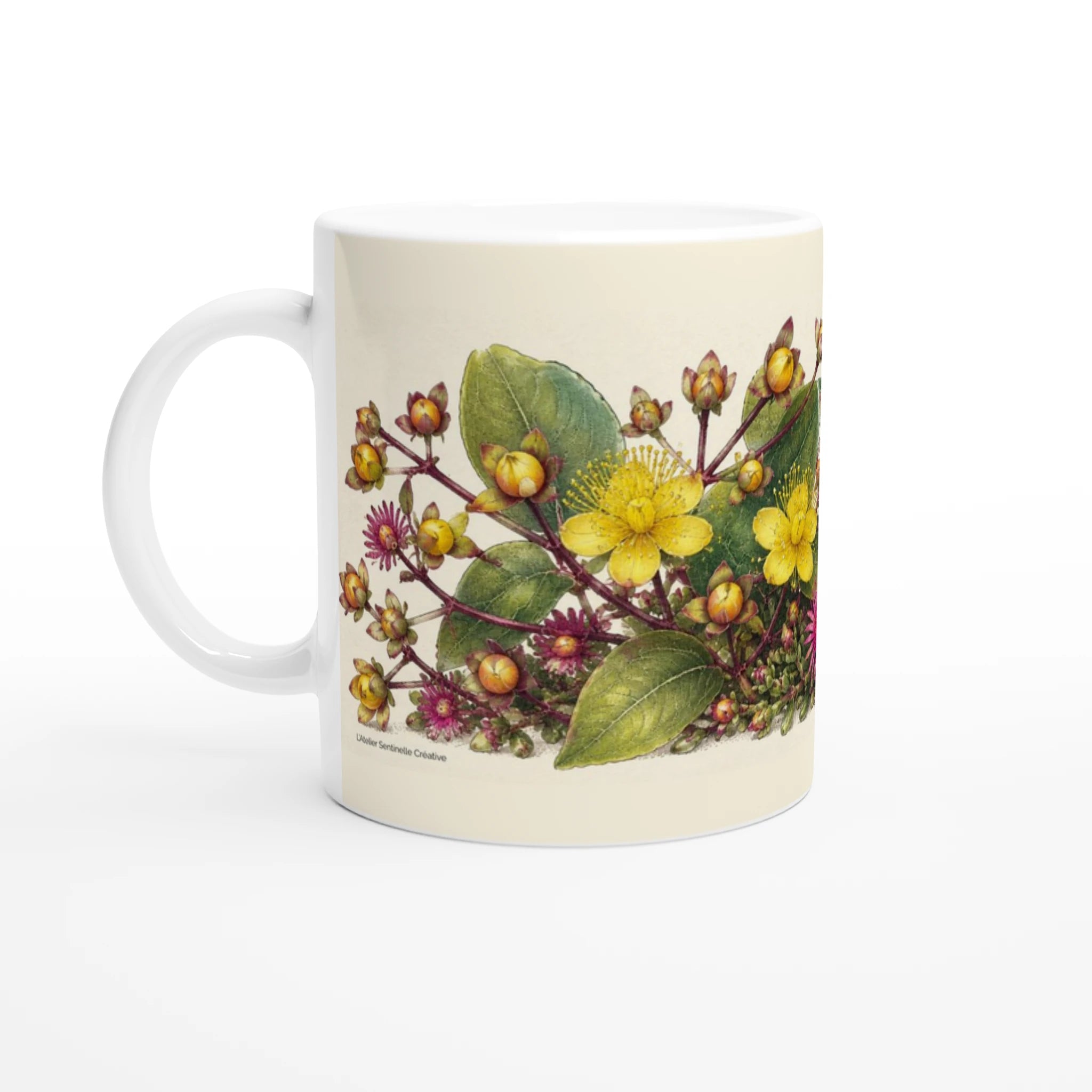 Mug en céramique blanc brillant avec motif floral multicolore