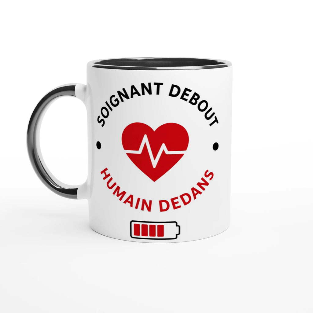 Mug en céramique blanc à anse noire, logo cœur ECG rouge, texte humoristique