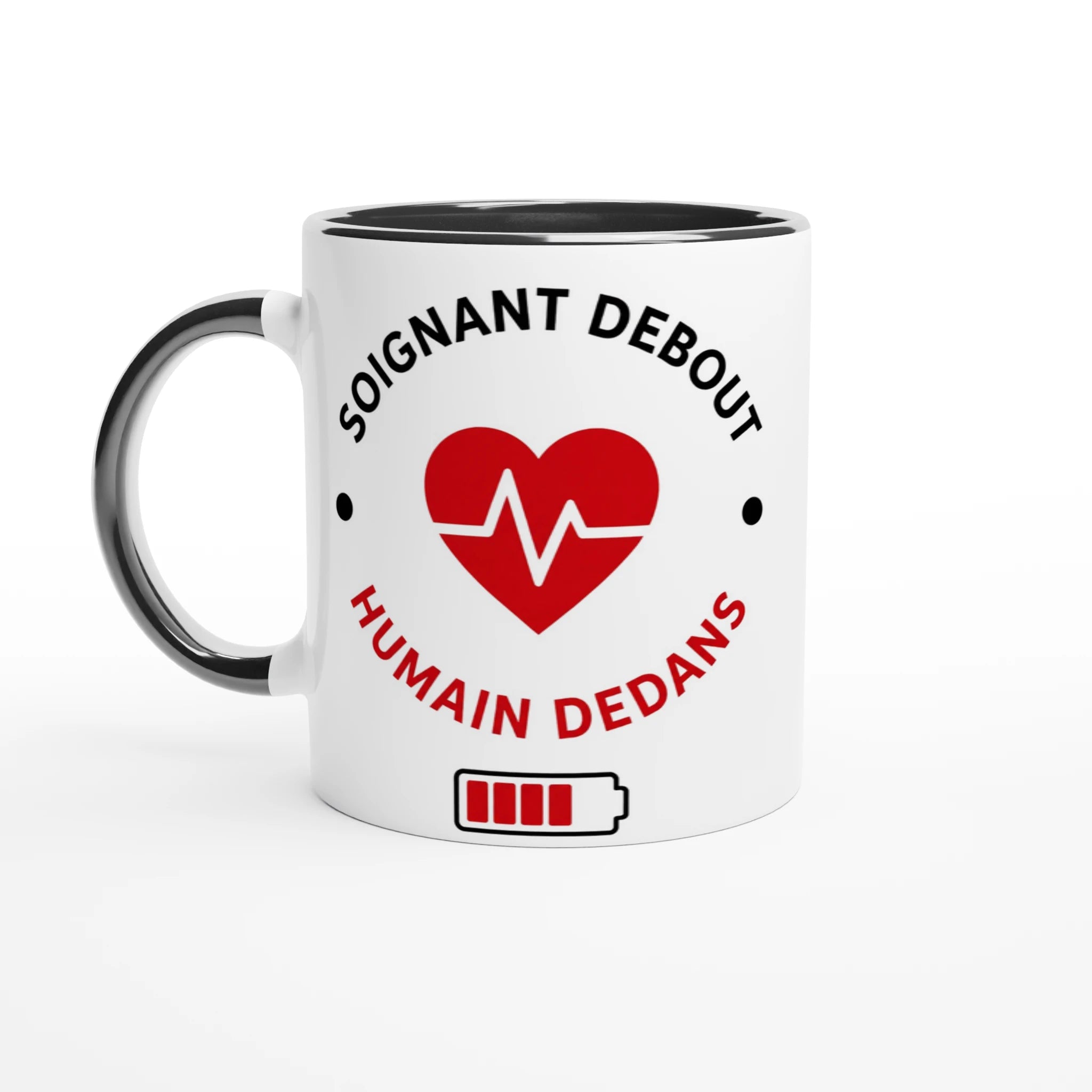 Mug en céramique blanc à anse noire, logo cœur ECG rouge, texte humoristique