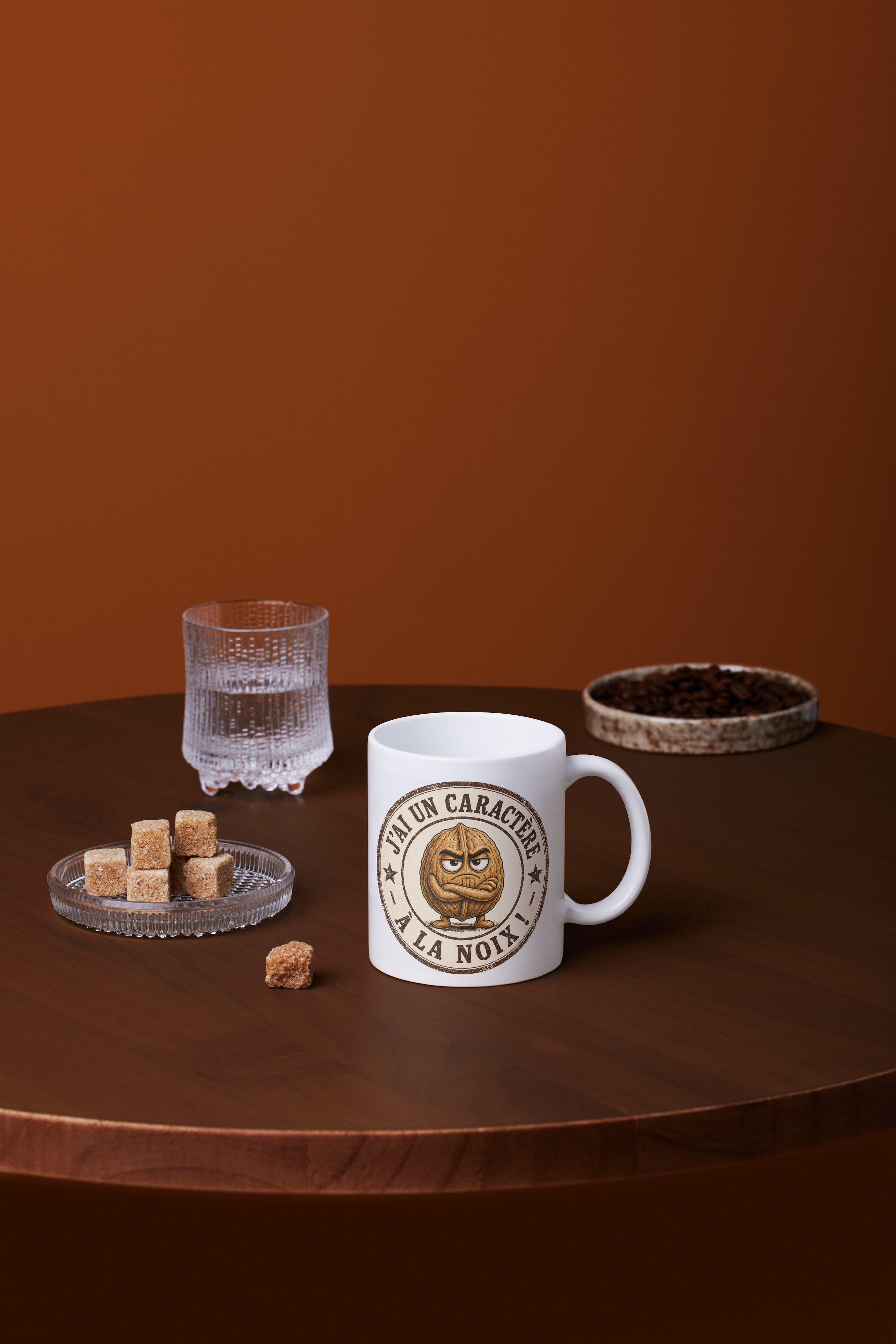 Mug en céramique blanc avec poignée, logo rond « J’ai un caractère à la noix ».