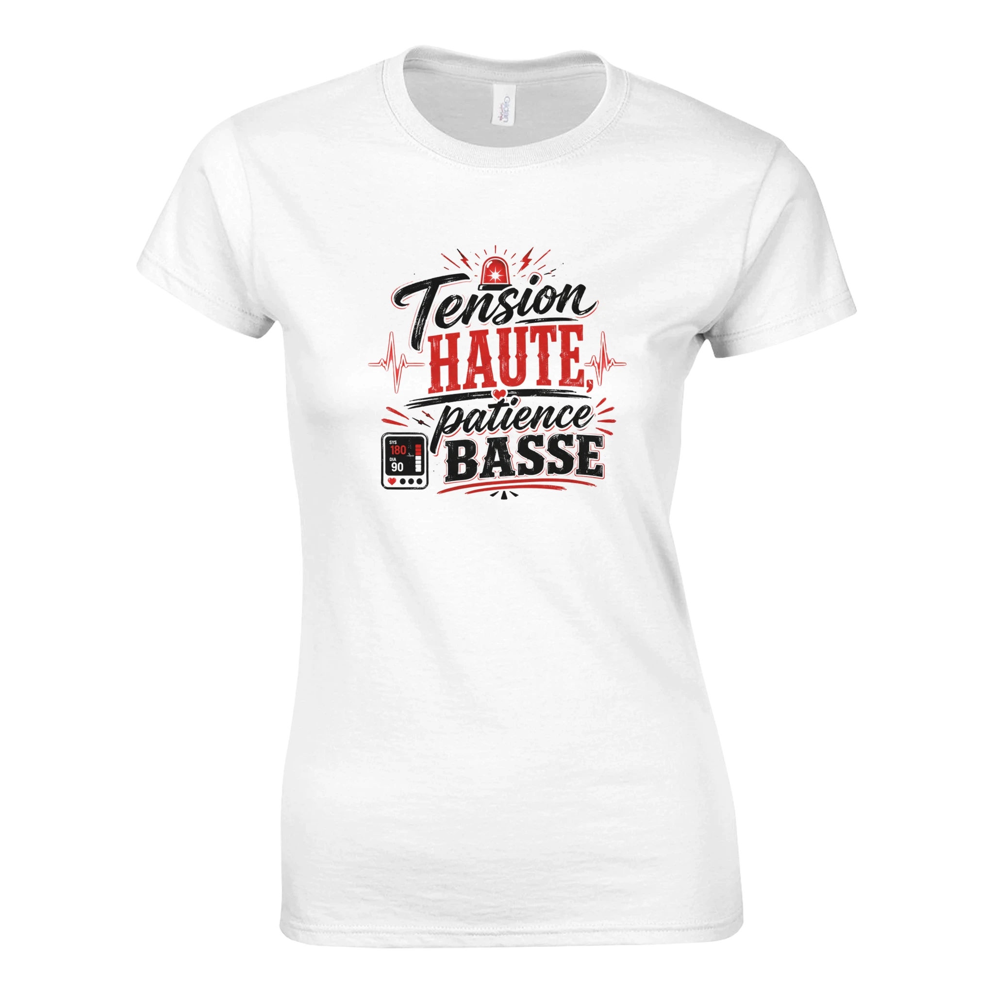 T-shirt blanc manches courtes, logo “Tension Haute Patience Basse” avec détails rouge.