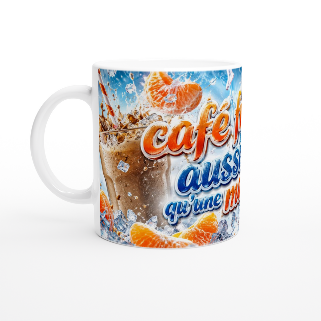 Mug en céramique blanche, impression bleue et orange avec texte « café »