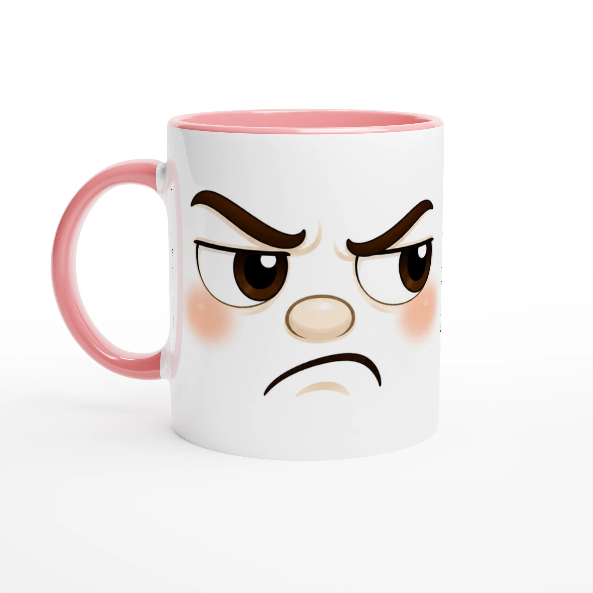 Tasse en céramique blanche à liseré rose, poignée rose, visage kawaii fâché