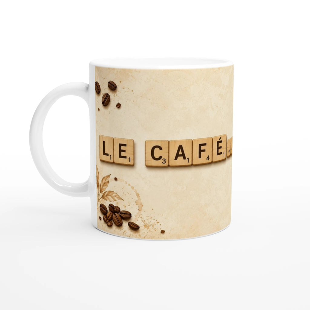 Tasse en céramique blanche, déco lettres « LE CAFÉ » et grains
