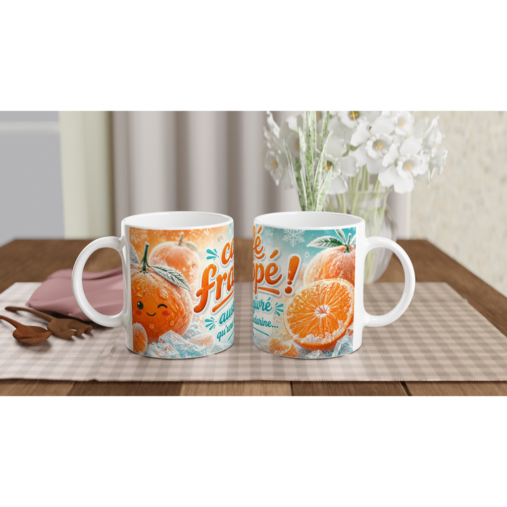 Deux mugs en céramique blancs, motif mandarines et texte « Café frappé ! »