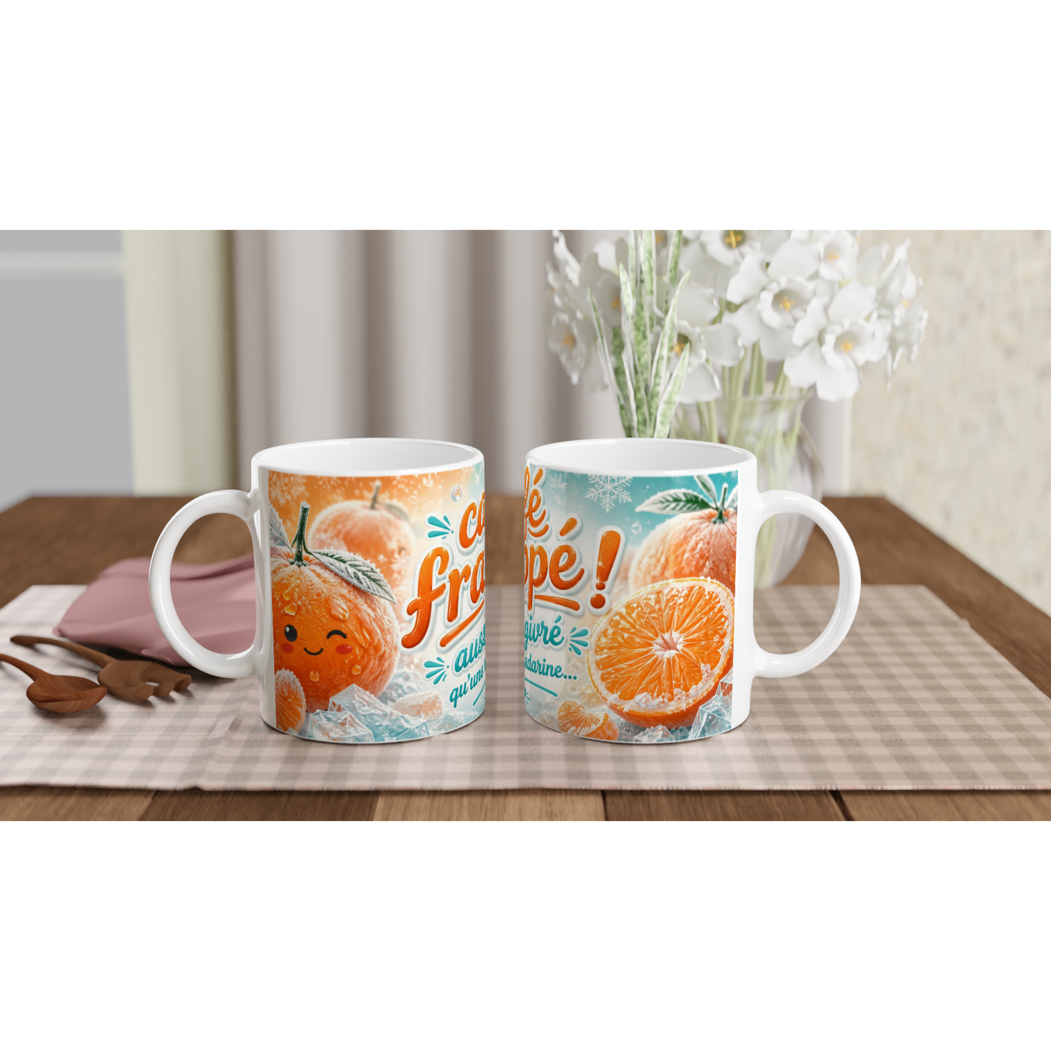 Deux mugs en céramique blancs, motif mandarines et texte « Café frappé ! »
