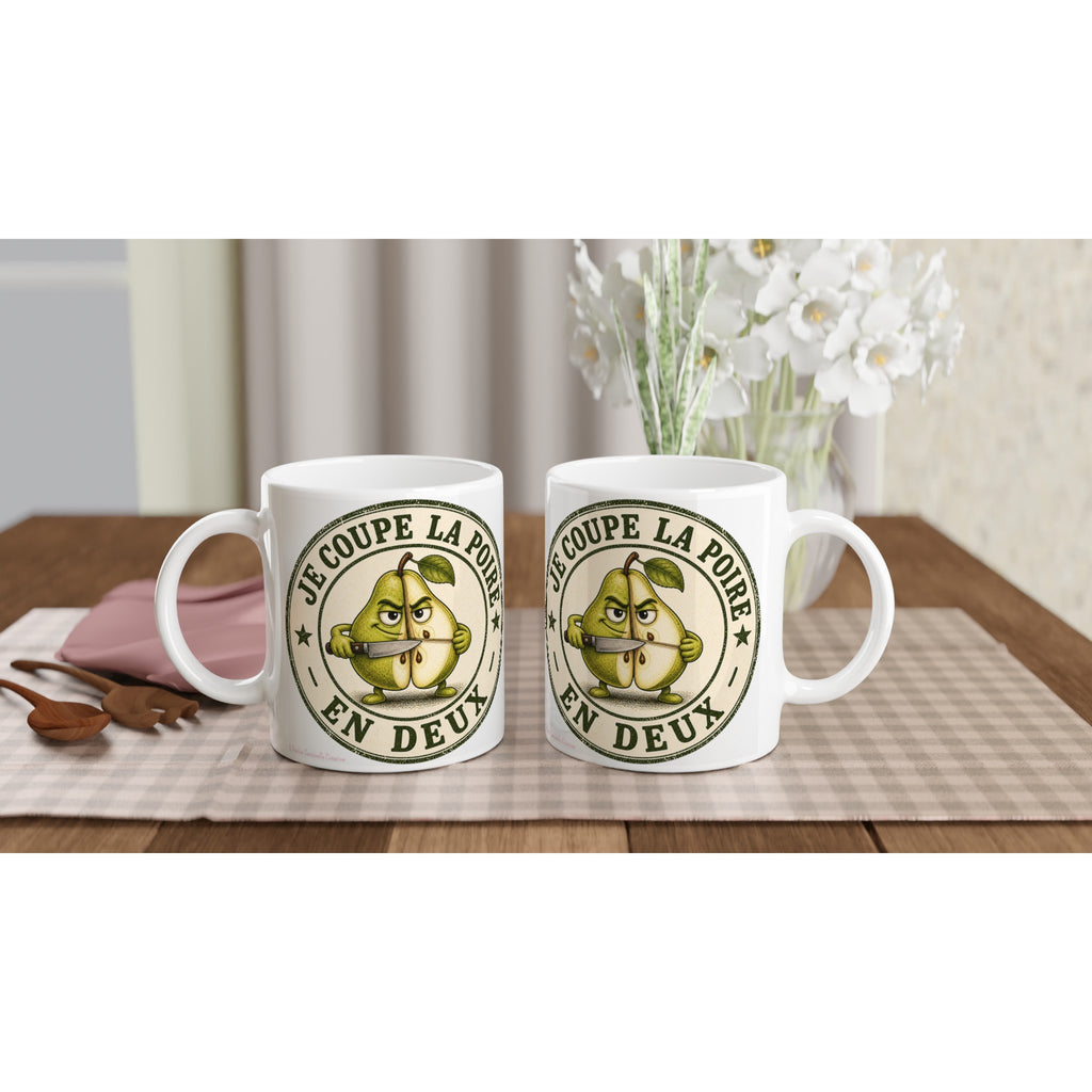 Lot de deux mugs blancs avec poire verte et texte « Je coupe la poire en deux »