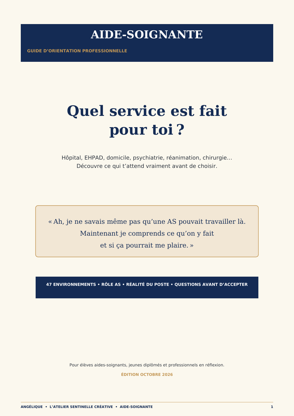 Guide sur l’aide-soignante, couverture bleue avec titre « Quel service est fait pour toi ? »
