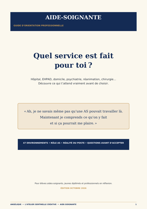 Guide sur l’aide-soignante, couverture bleue avec titre « Quel service est fait pour toi ? »