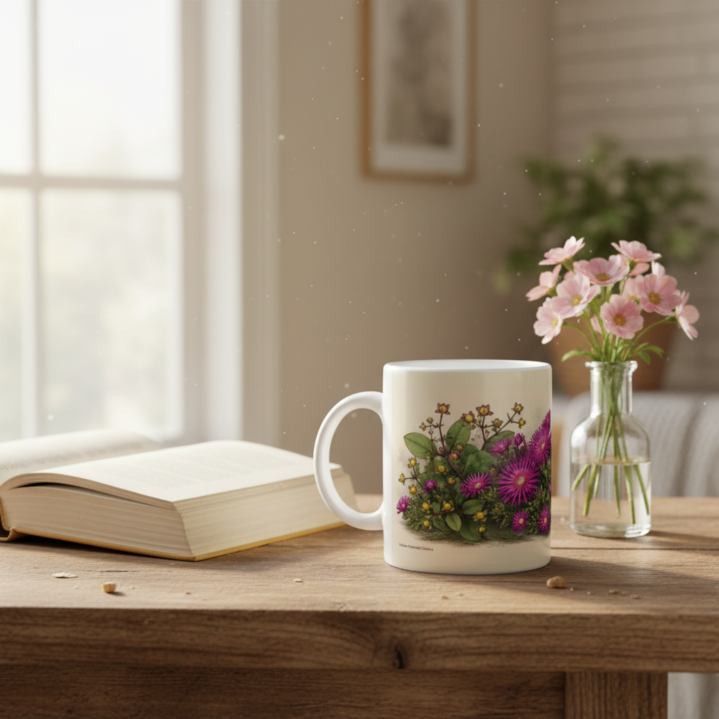 Mug blanc floral botanique violet sur table en bois, près d’un livre ouvert