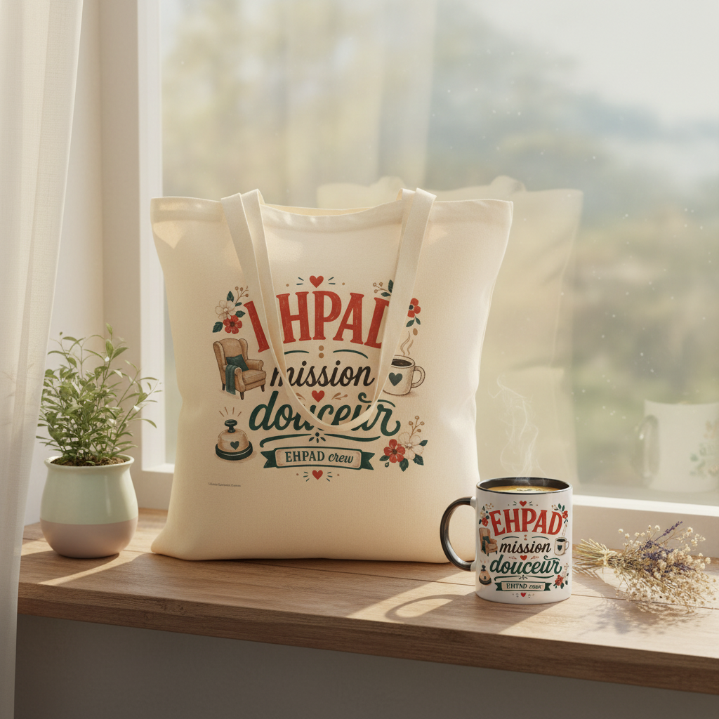 Sac en toile crème avec logo « EHPAD mission douceur » et mug blanc assorti
