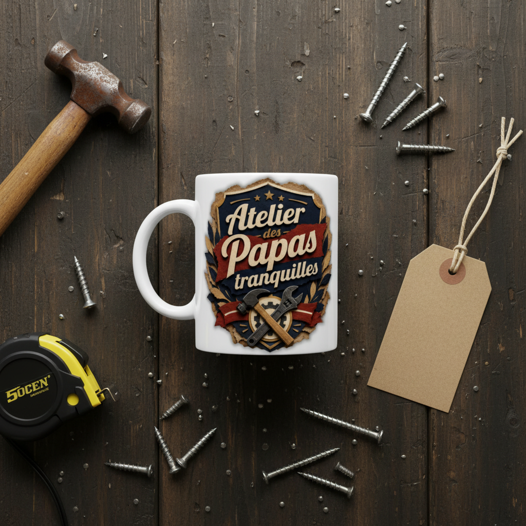 Tasse blanche avec visuel « Atelier des Papas tranquilles ».