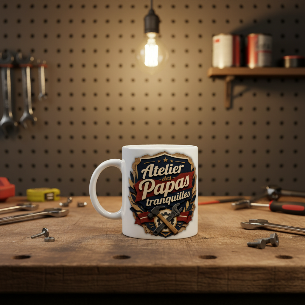 Tasse blanche « Atelier des Papas tranquilles » sur établi.