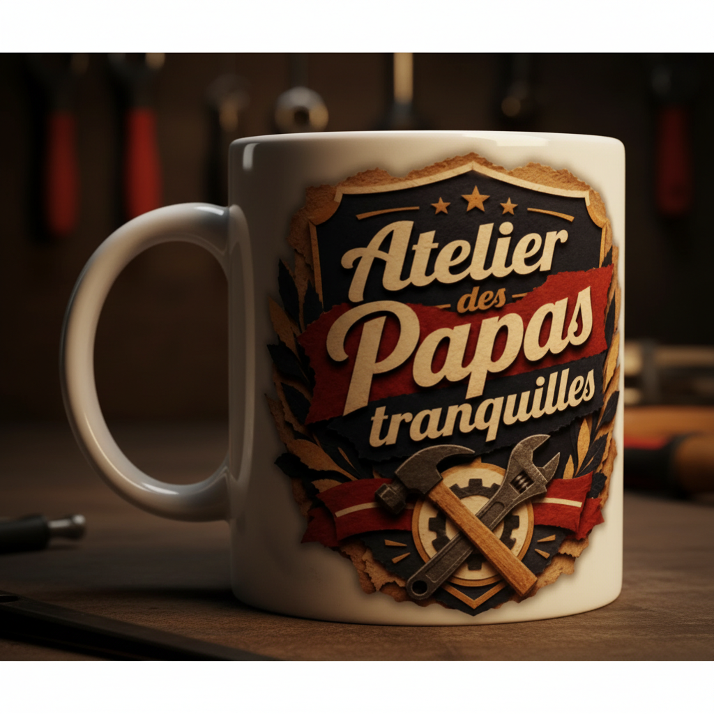 Gros plan tasse blanche avec logo « Atelier des Papas tranquilles ».