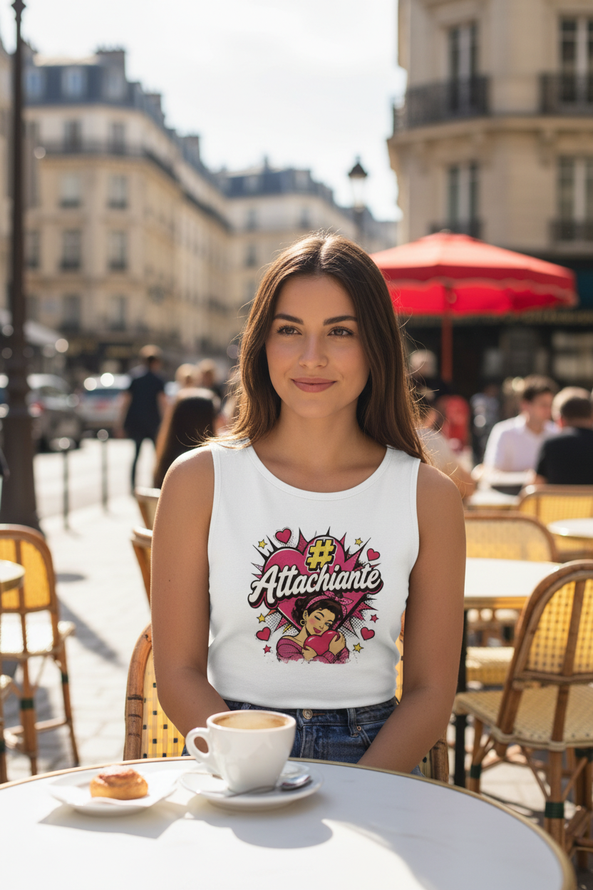 Débardeur blanc sans manches à logo Attachiante, porté en terrasse avec tasse.