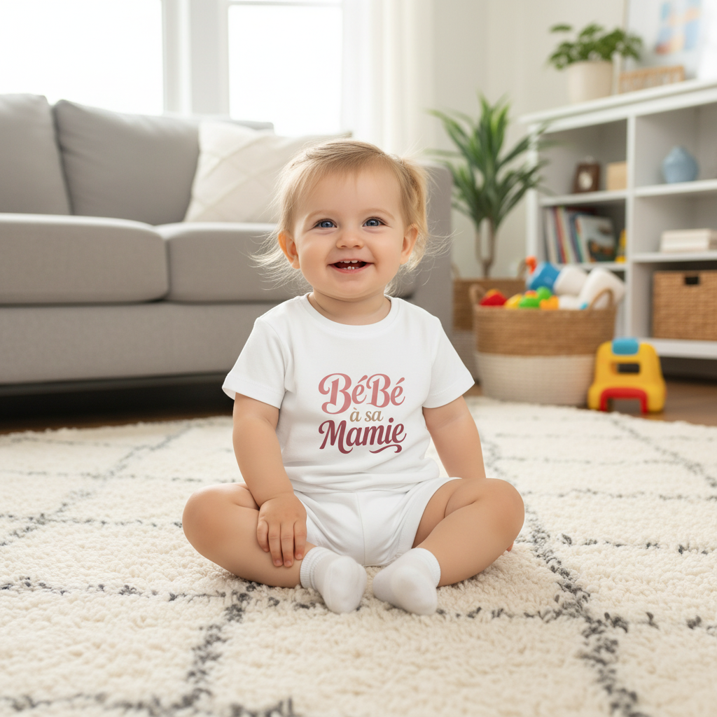 Bébé fille 12 mois assise sur tapis, souriante