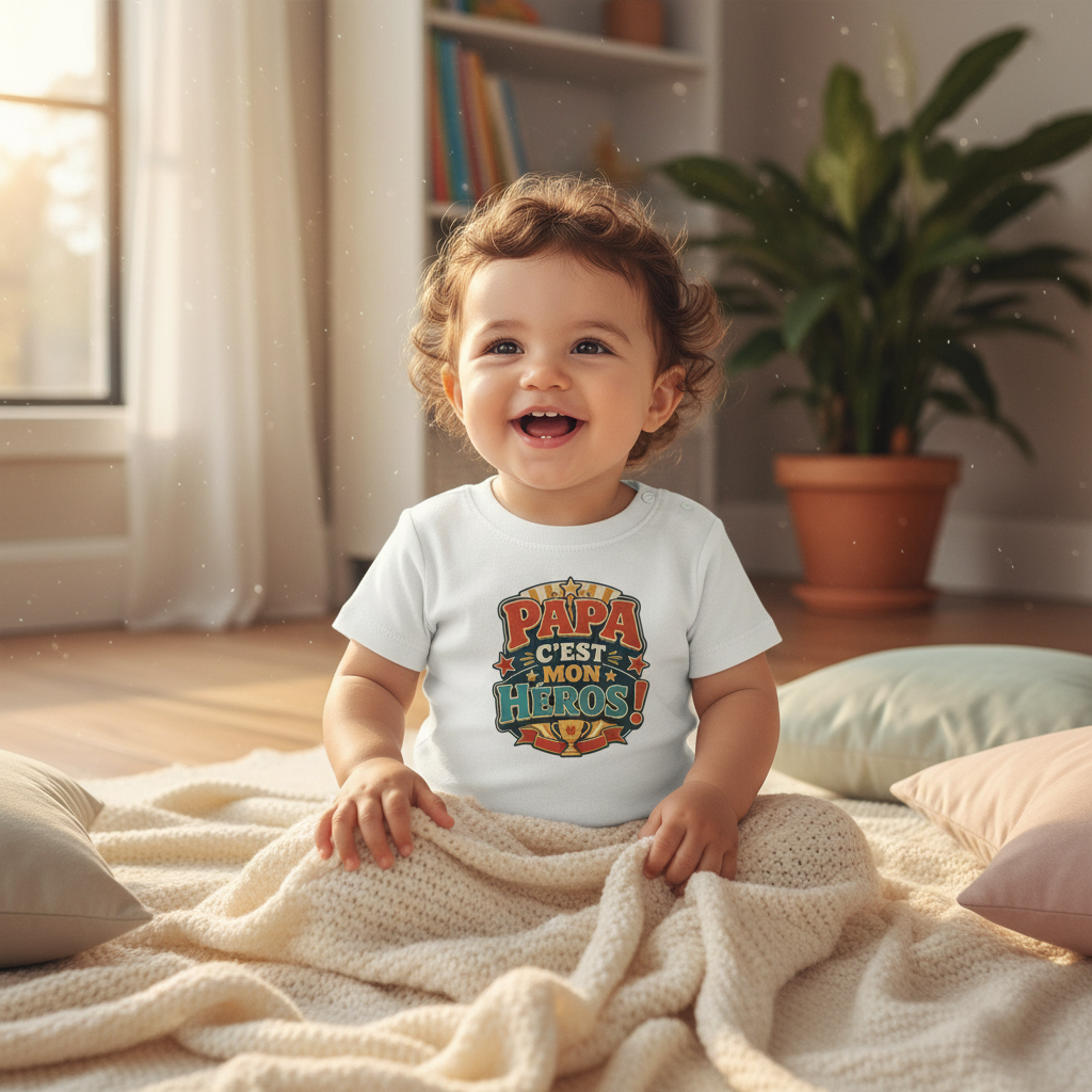 T-shirt enfant blanc à manches courtes avec imprimé « Papa c'est mon héros »