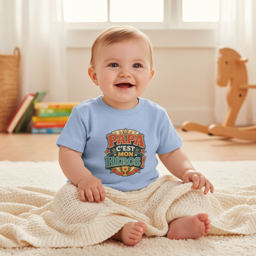 T-shirt enfant bleu ciel à manches courtes, imprimé « Papa c'est mon héros »