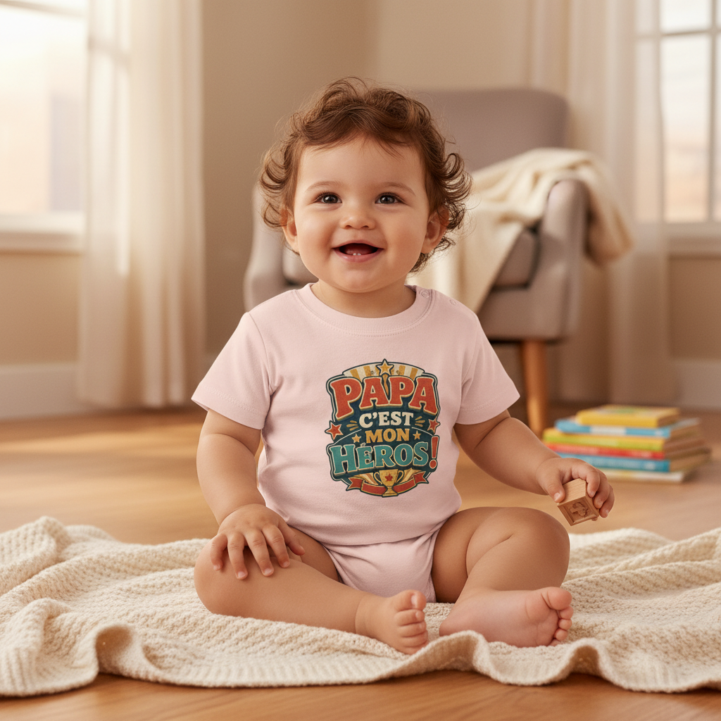 T-shirt enfant rose à manches courtes, imprimé « Papa c'est mon héros »