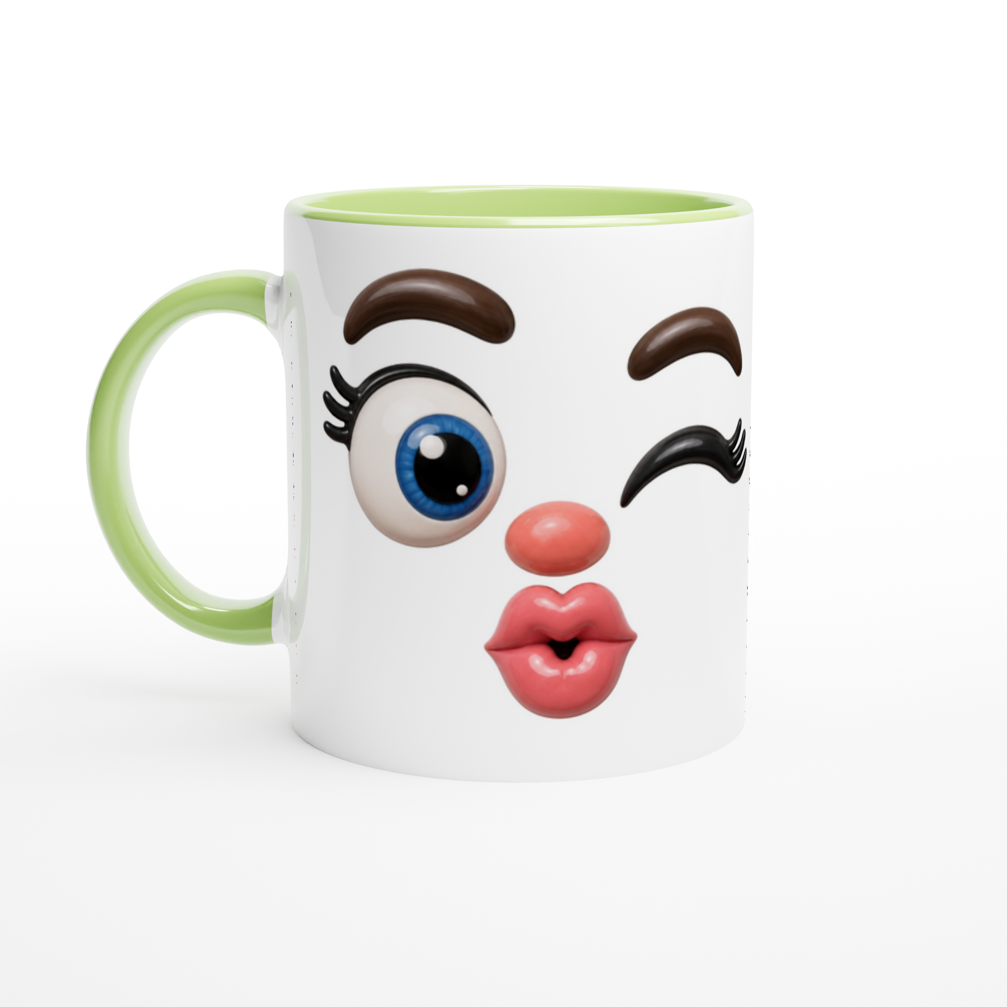 Mug en céramique blanc au visage kawaii souriant, anse verte et rebord vert