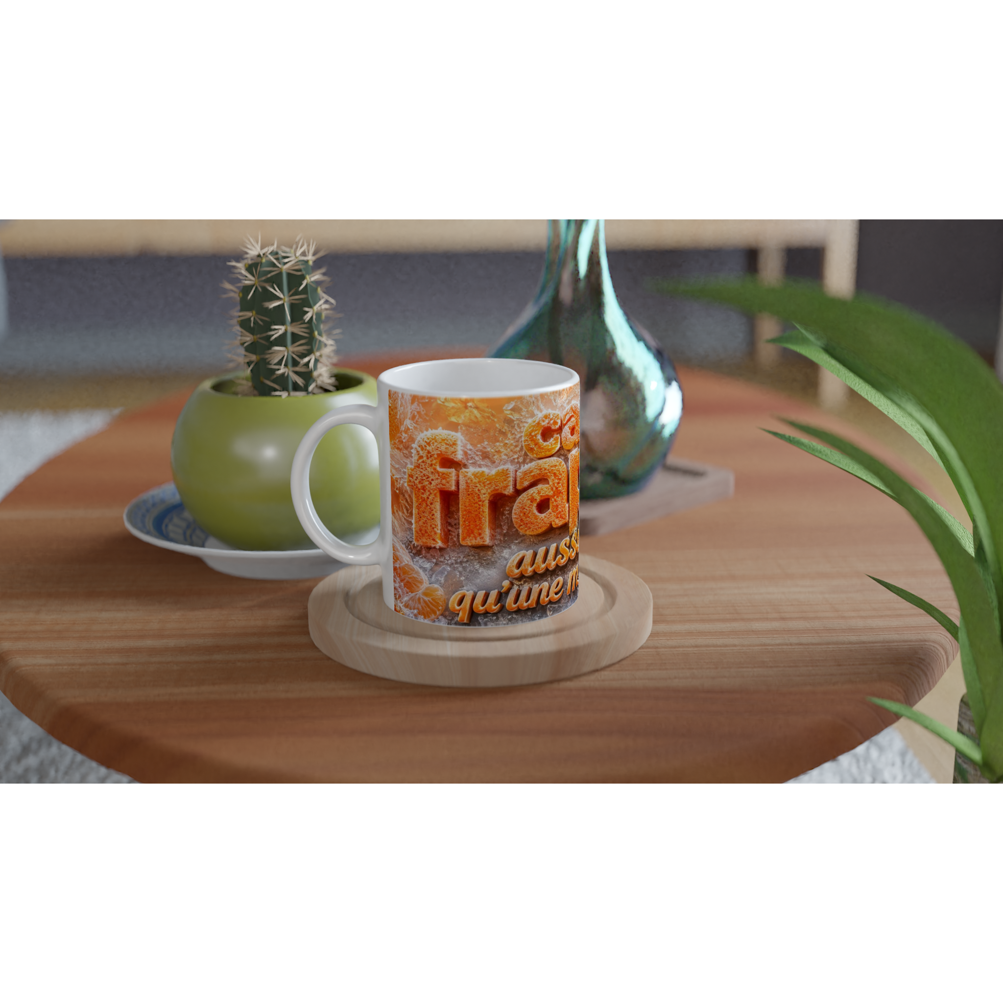 Mug blanc avec impression orange texture givrée, texte « Tra... » et « qu’une »