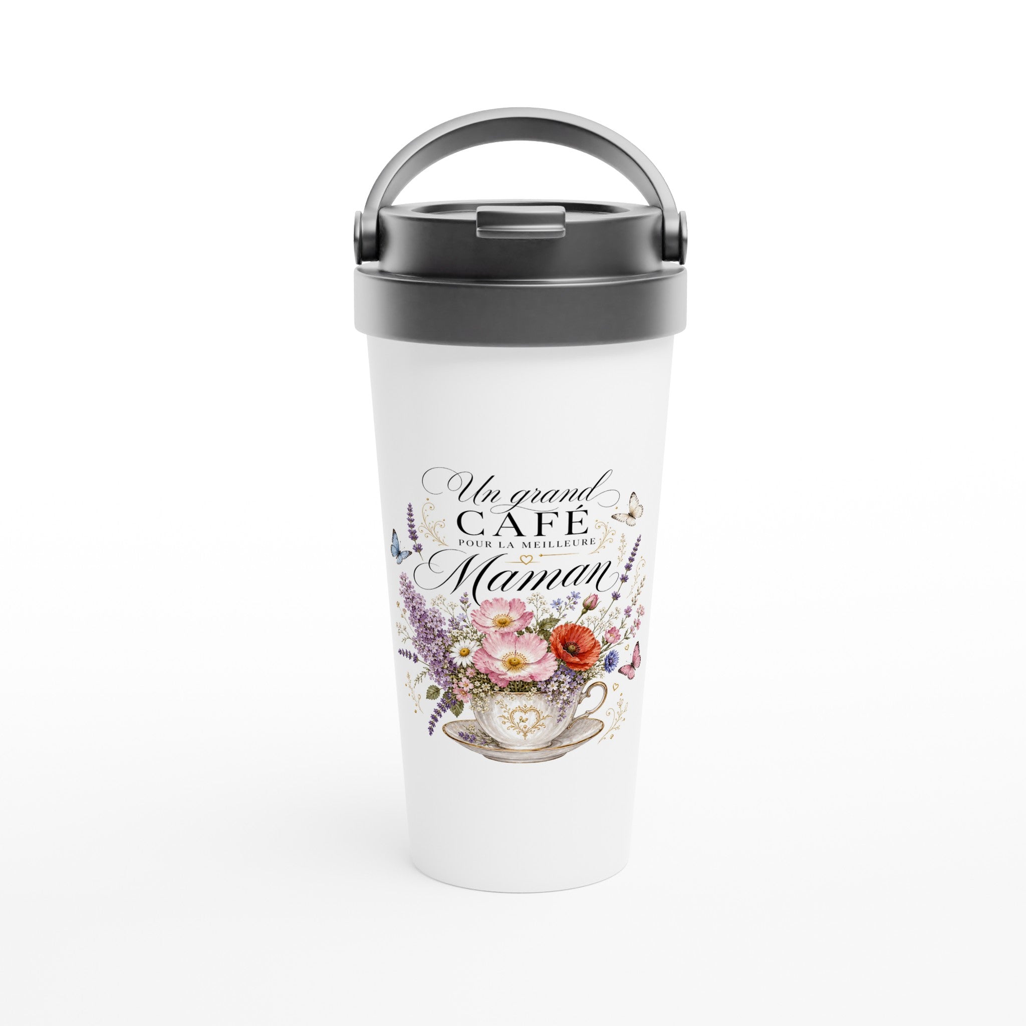 Gobelet thermos blanc avec couvercle noir et poignée, motif floral « Maman ».