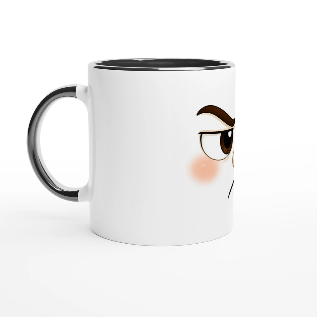 Mug en céramique bicolore blanc avec bord noir, poignée noire, visage fâché.