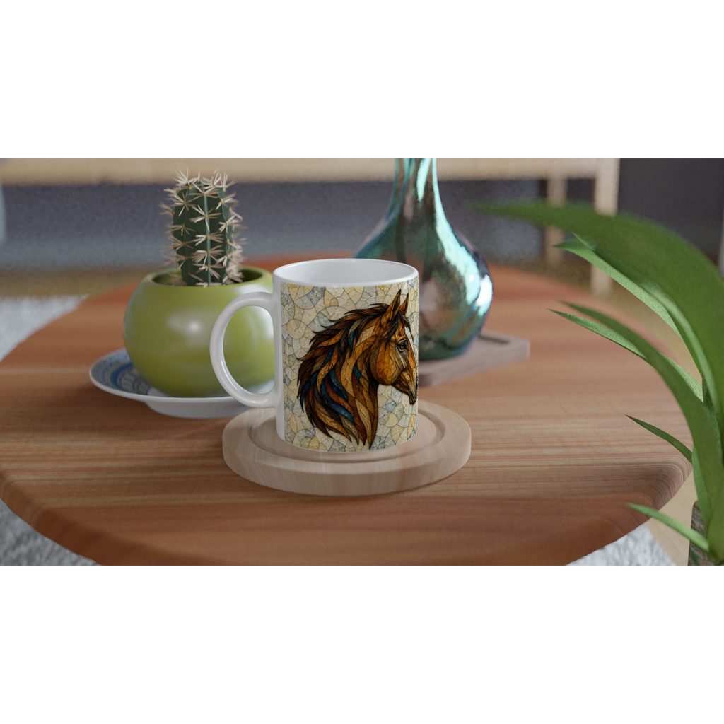 Mug en céramique blanche avec motif cheval sur fond effet craquelé beige et bleu.