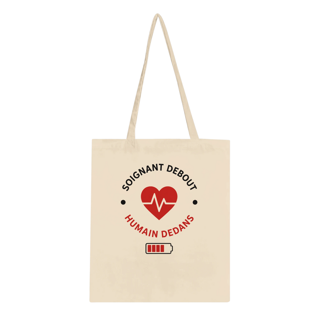 Sac cabas en toile beige avec logo cœur rouge et texte « Humain dedans »