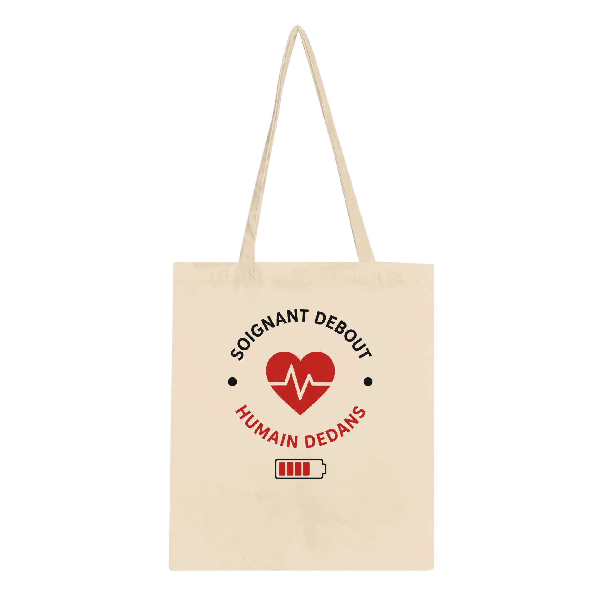 Sac cabas en toile beige avec logo cœur rouge et texte « Humain dedans »