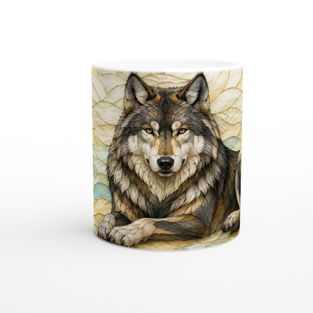 Mug en céramique blanche 11 oz avec tête de loup et décor feuille
