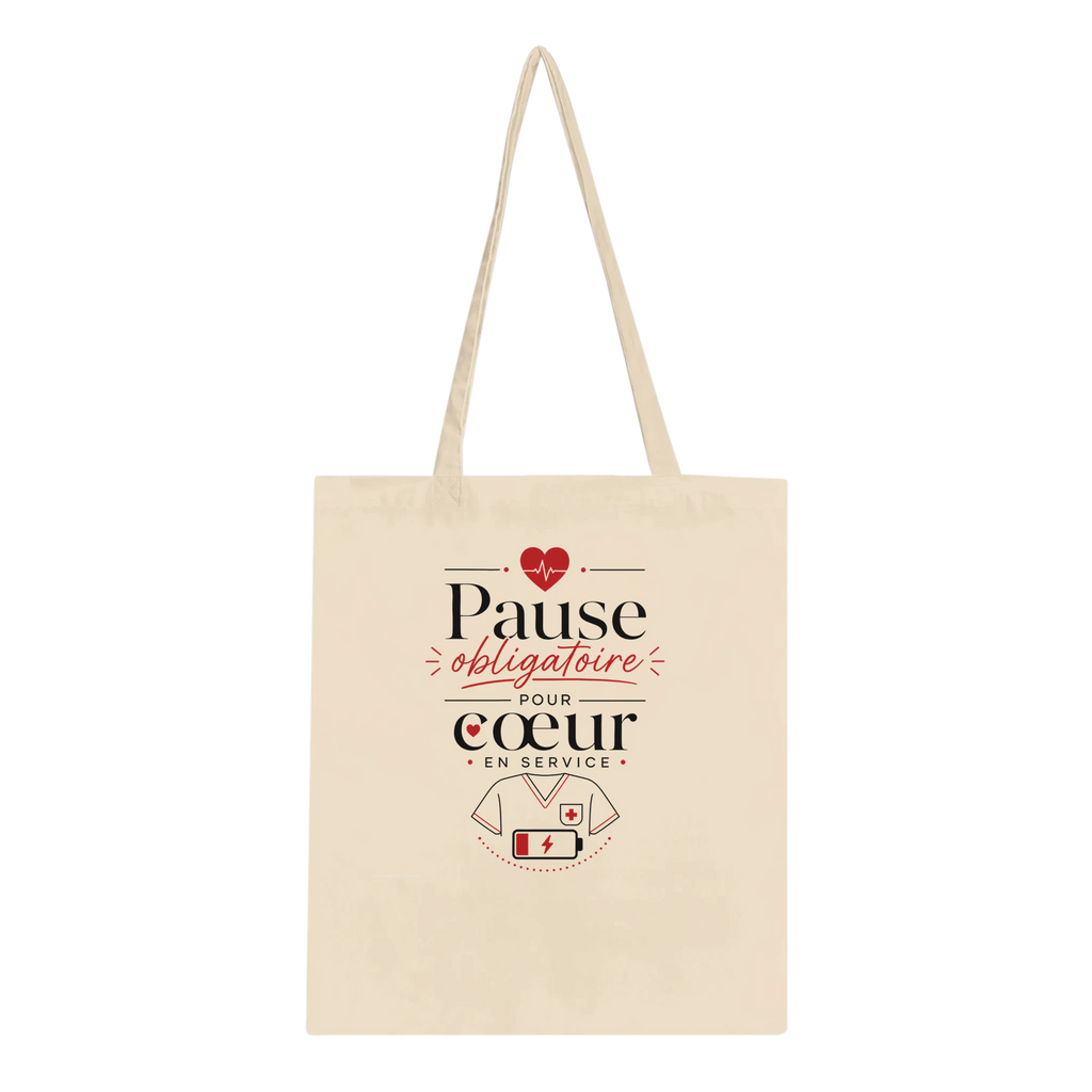 Tote bag naturel avec inscription « Pause obligatoire » et cœur infirmier rouge