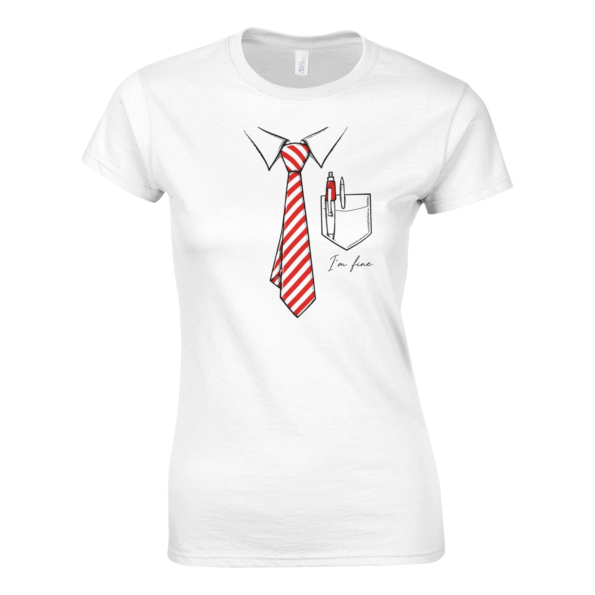 T-shirt femme blanc, imprimé cravate rayée rouge/blanche et poche, « I'm fine »