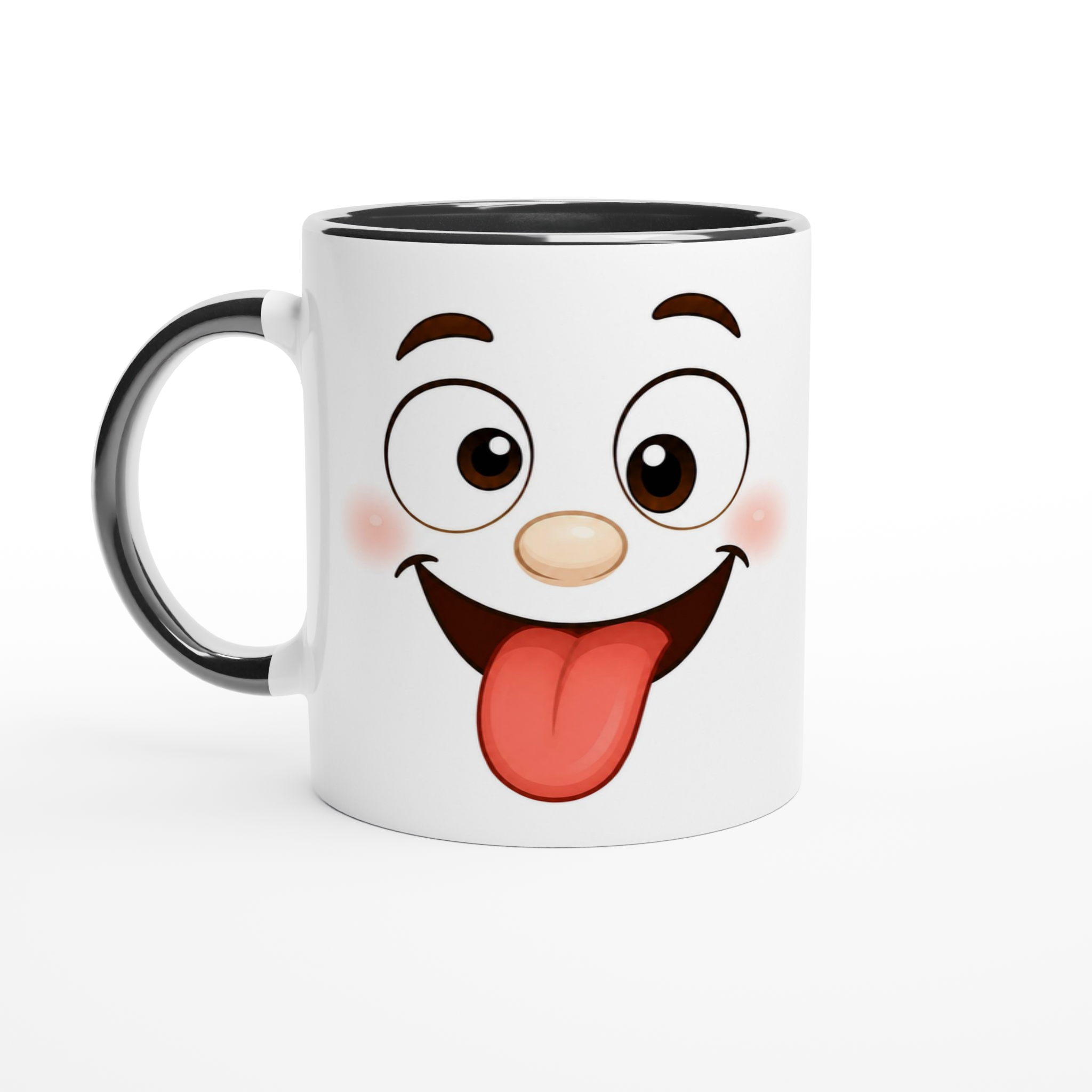 Mug en céramique blanche avec visage cartoon espiègle, poignée noire et intérieur sombre.
