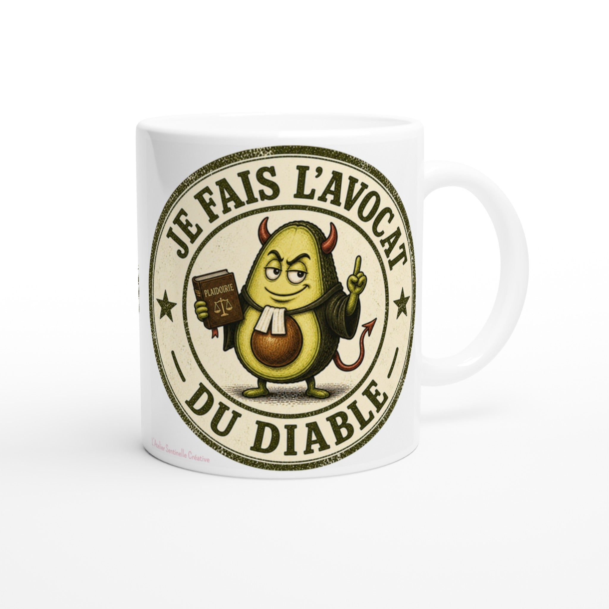 Mug blanc en céramique avec illustration « Je fais l’avocat du diable » et anse