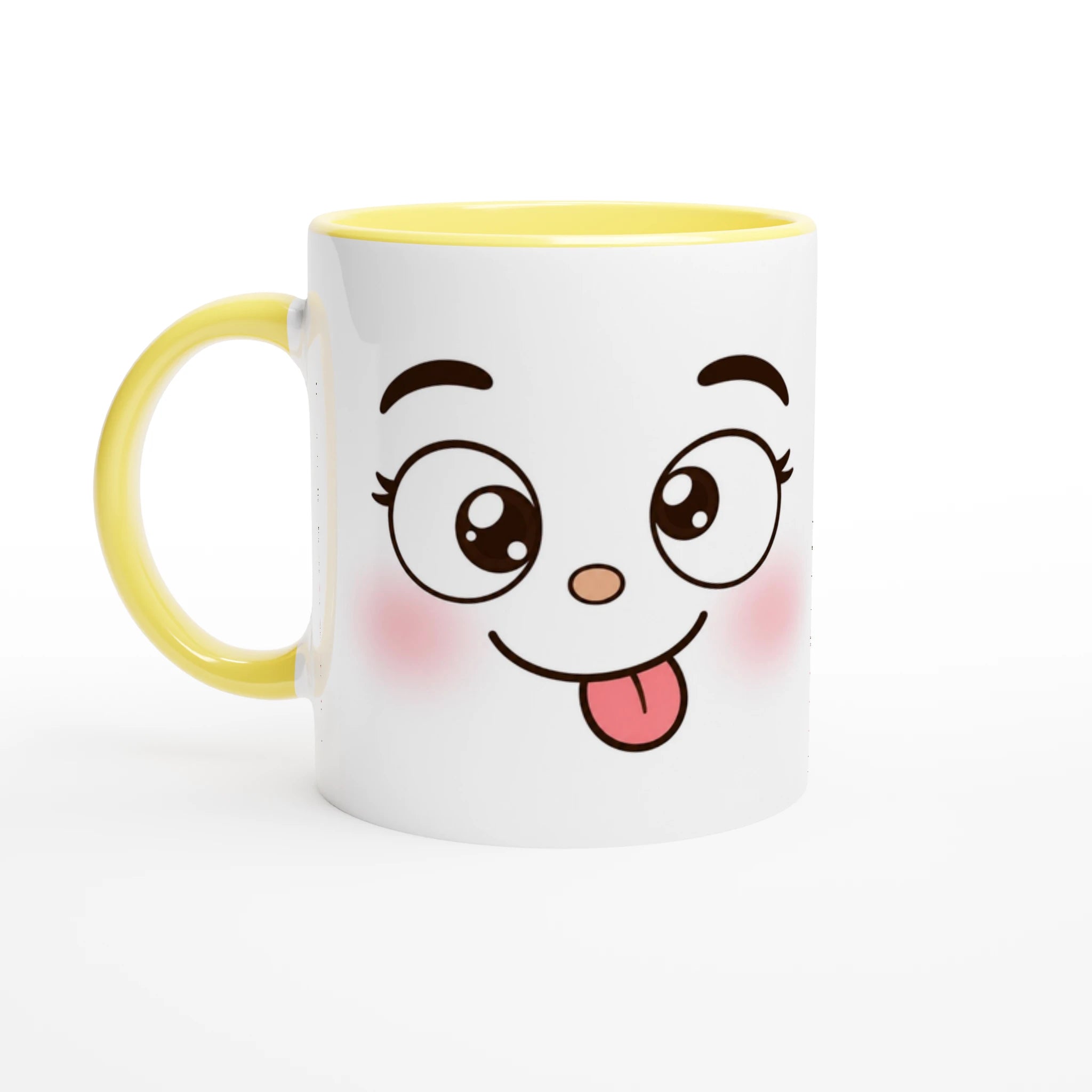 Mug en céramique bicolore à face de panda, anse jaune et intérieur jaune, corps blanc